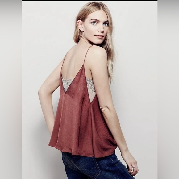 Free People Deep V Bandeau Top satin lace cami tank Copper rust cream bralette - Picture 8 of 12